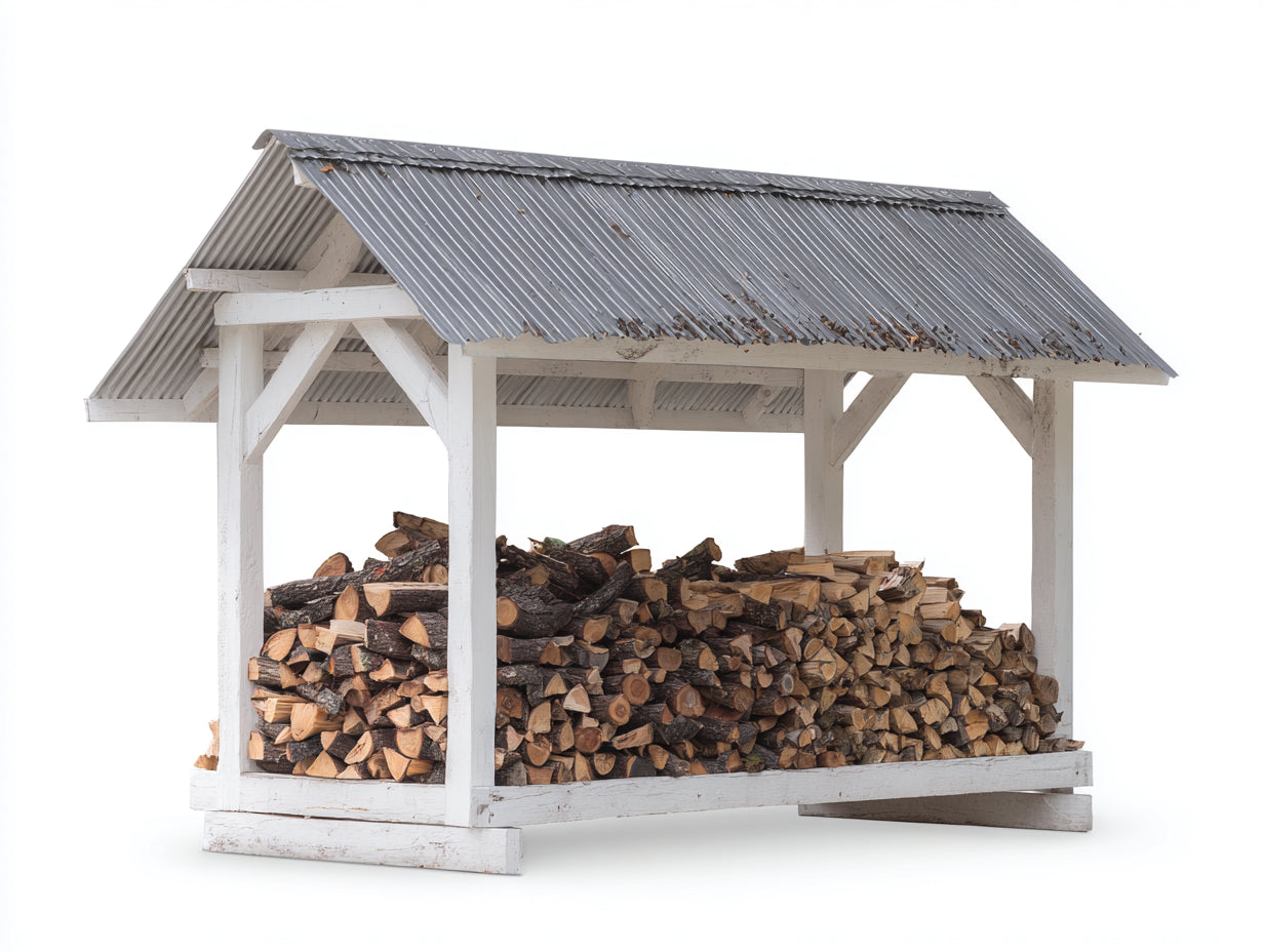 Leñero de jardín de madera y metal 220x85x180 cm - blanco-gris - techo inclinado