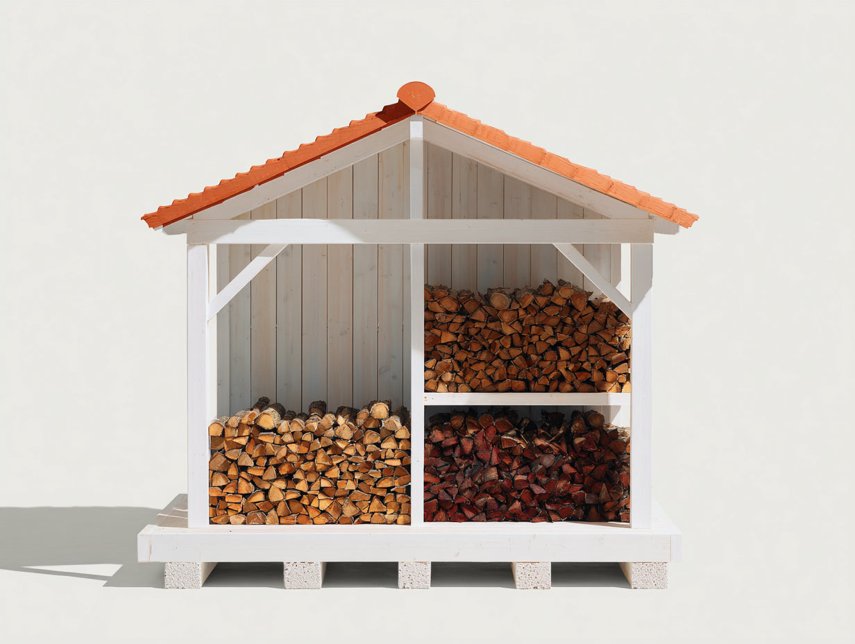Leñero de jardín de madera 200x90x190 cm - Blanco y terracota - Diseño rústico para exterior