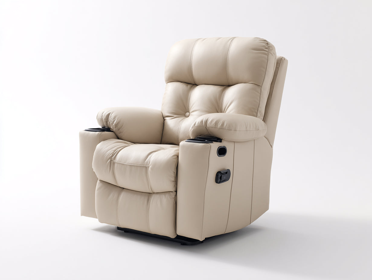 Sillones reclinables de cuero sintético beige con portavasos 100x96x106 cm - diseño acolchado para salón
