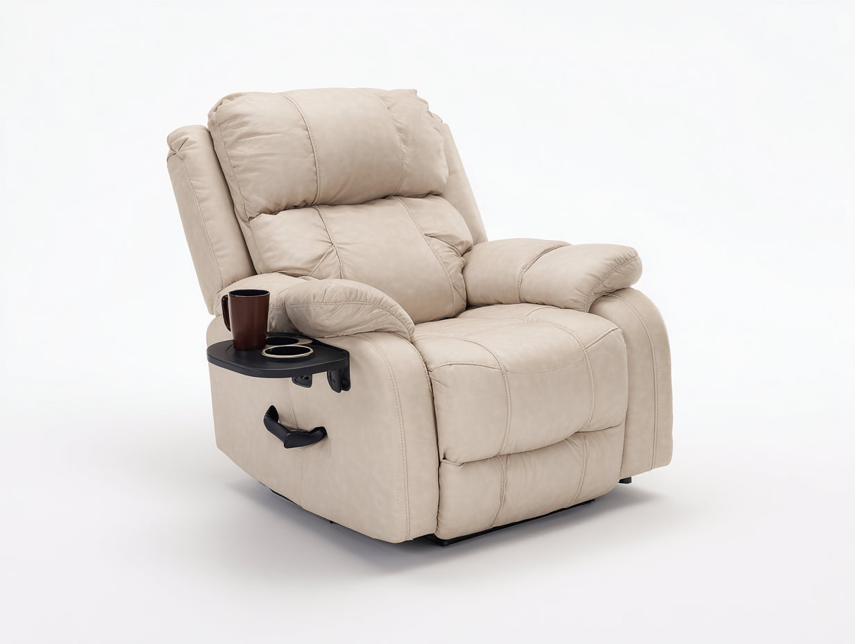 Sillones reclinables tapizados en cuero sintético 95x98x105 cm - Beige - Diseño acolchado con bandeja lateral