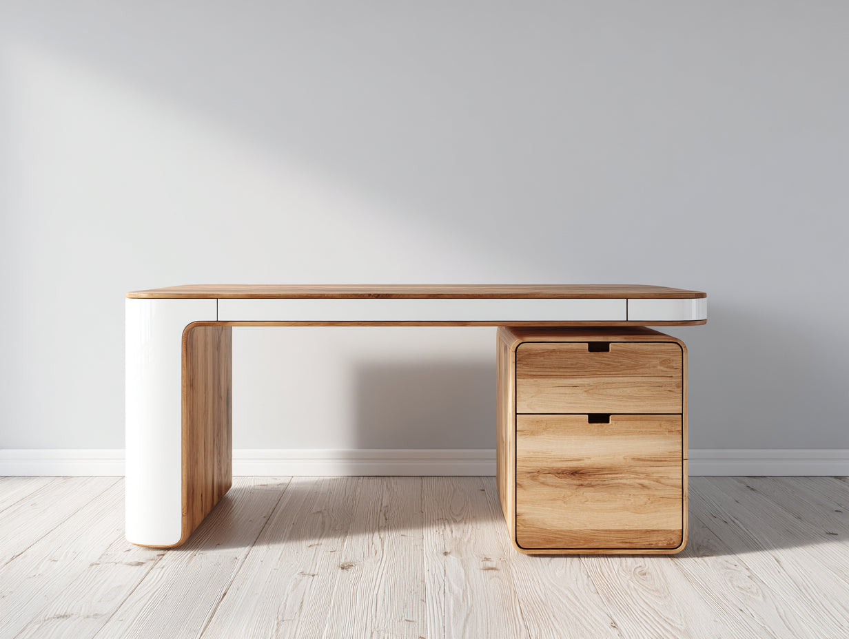 Mesas de oficina de madera y MDF 150x60x76 cm - Blanco-Roble - Diseño moderno con 2 cajones
