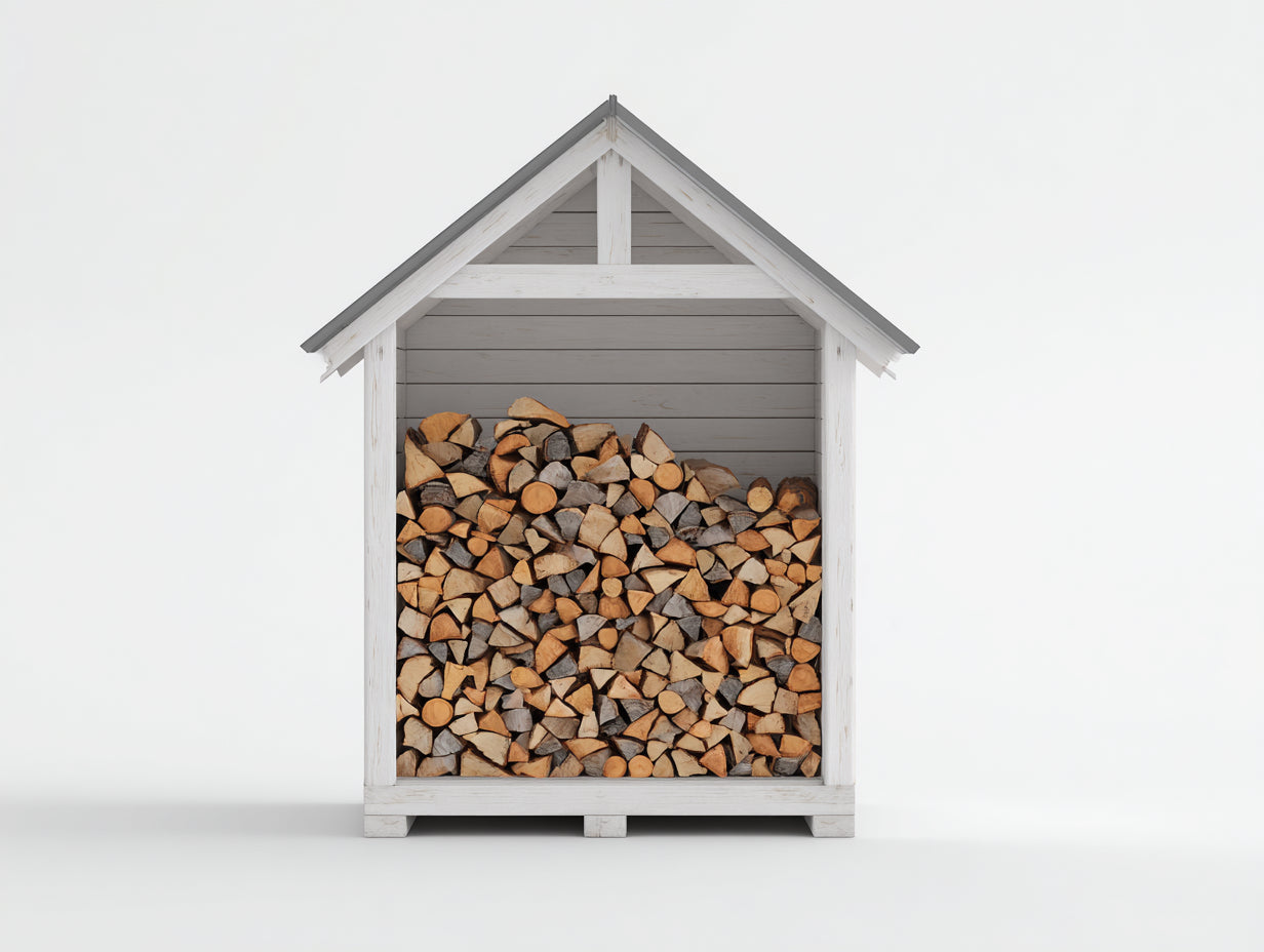 Leñero de jardín de madera 120x55x165 cm - Blanco-Gris - Diseño exterior con tejado a dos aguas