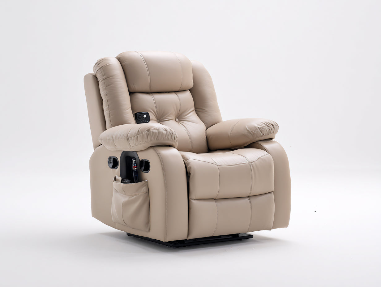 Sillones reclinables tapizados en cuero sintético 94x98x105 cm - Beige - Diseño acolchado con mandos laterales