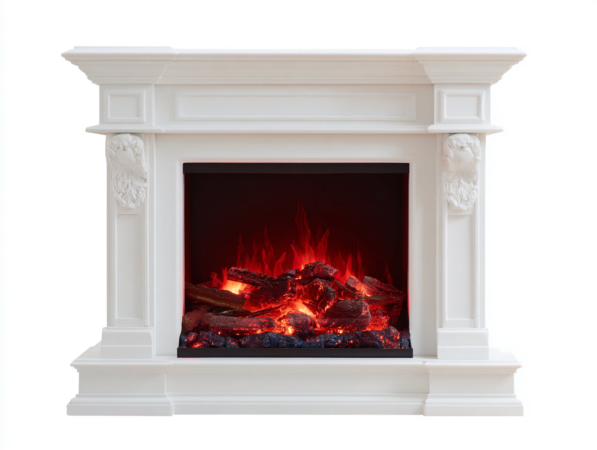 Chimeneas eléctricas con marco decorativo 125x33x104 cm - Blanco-Rojo - Diseño clásico con relieves laterales