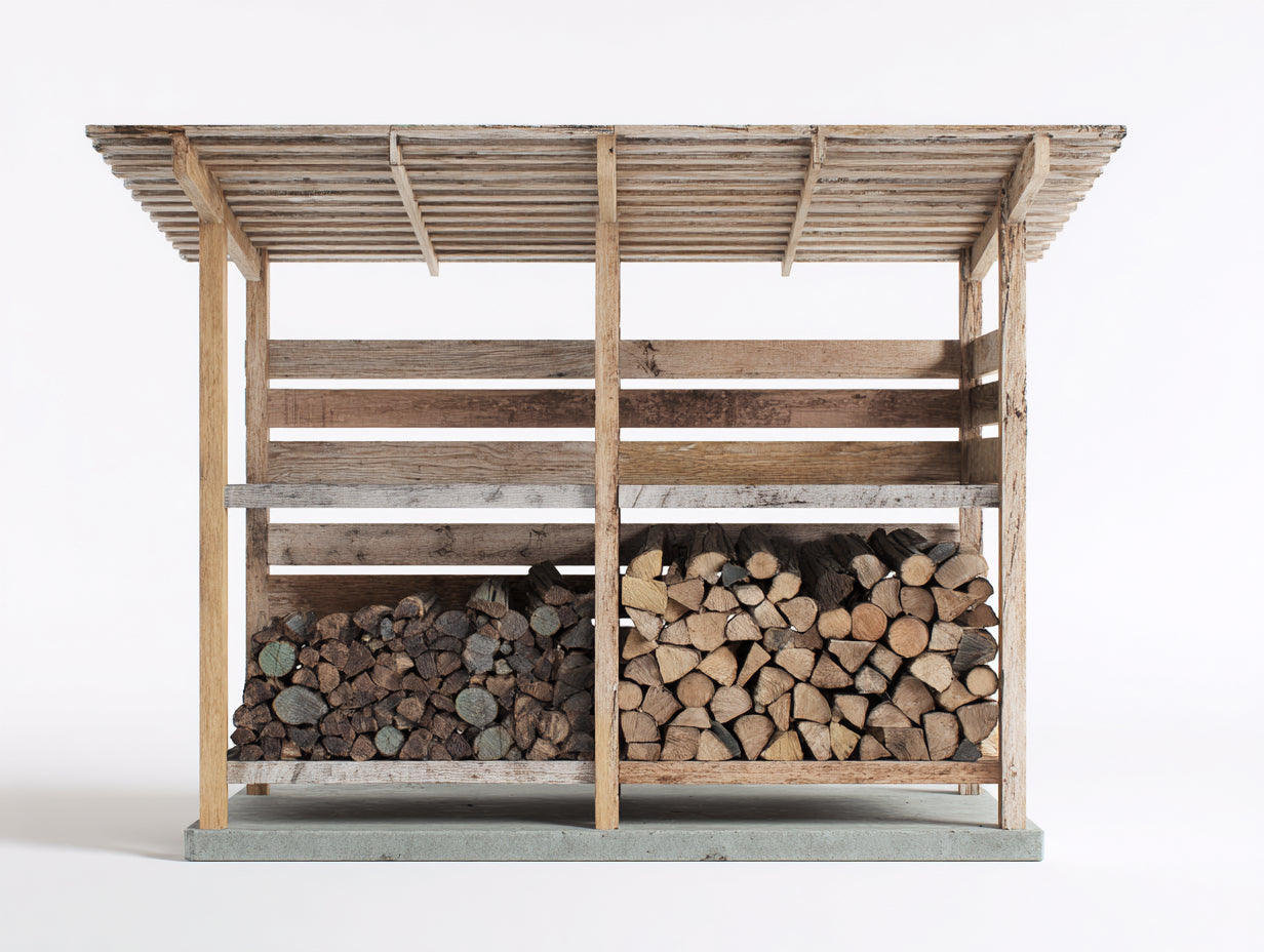 Leñero de jardín de madera natural envejecida 210x70x175 cm - diseño con techo para exterior