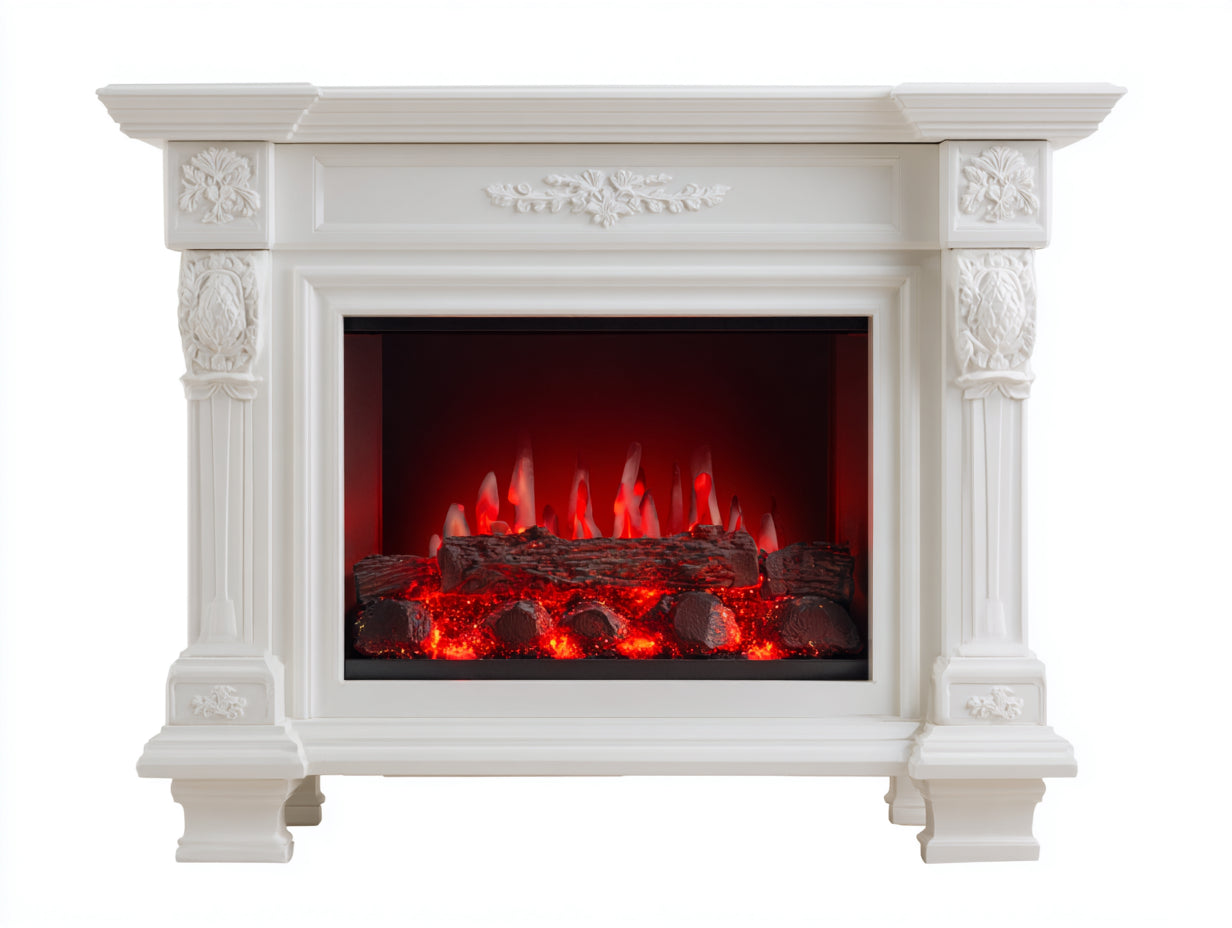 Chimeneas eléctricas con marco decorativo 120x32x100 cm - Blanco-Rojo - Diseño clásico con relieves florales