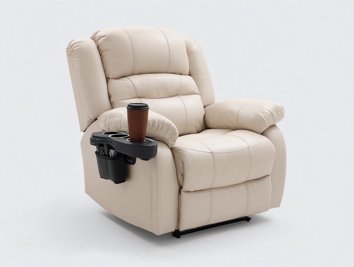 Sillones reclinables de piel sintética 95x92x105 cm - crema - con bandeja portavasos y diseño moderno