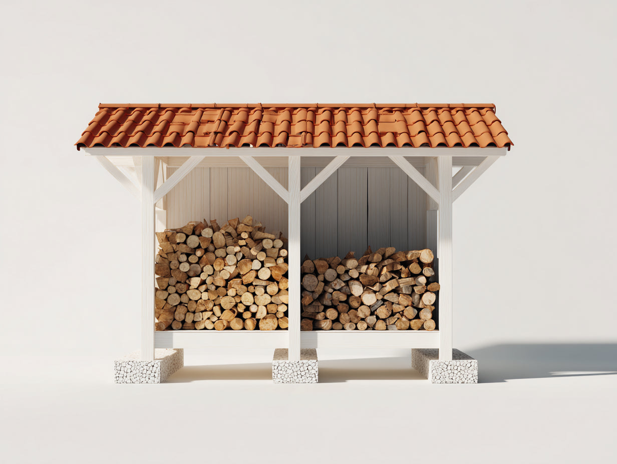 Leñero de jardín de madera 200x70x180 cm - blanco-naranja - doble compartimento