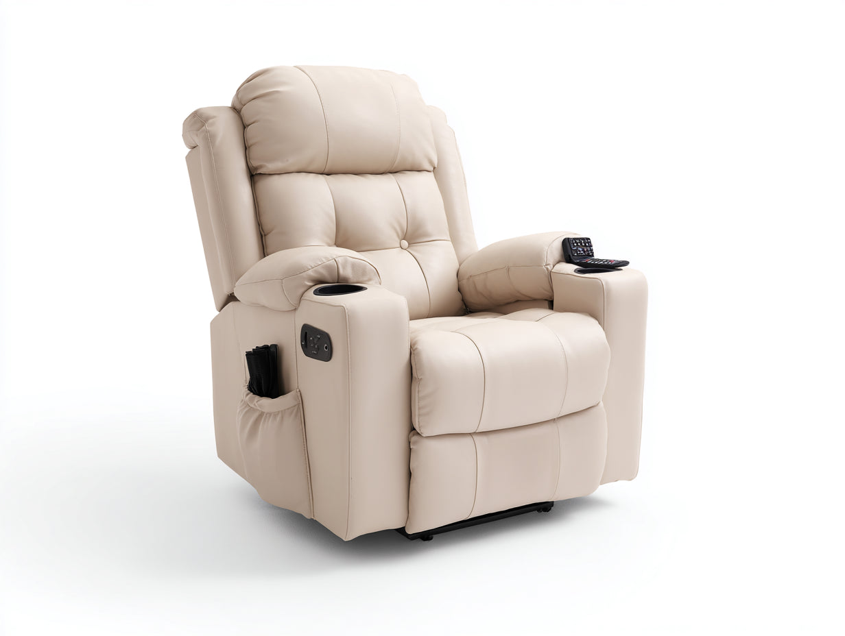 Sillones reclinables tapizados en cuero sintético 93x97x104 cm - Beige - Diseño acolchado con portavasos y mando