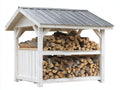 Leñero de jardín de madera blanco y techo gris 230x80x170 cm - diseño amplio para exterior