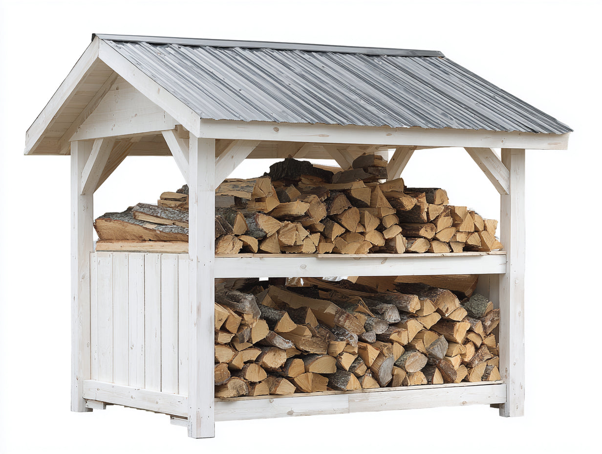 Leñero de jardín de madera blanco y techo gris 230x80x170 cm - diseño amplio para exterior