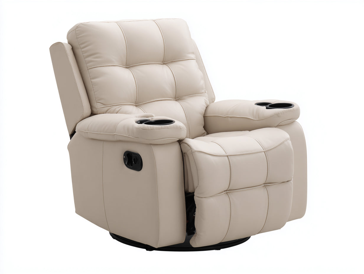 Sillones reclinables de cuero sintético beige con portavasos 104x98x105 cm - diseño acolchado para salón