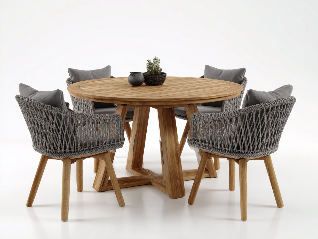 Conjuntos de comedor de jardín de madera y cuerda 120x120x75 cm - Madera natural y gris - Diseño moderno para exterior