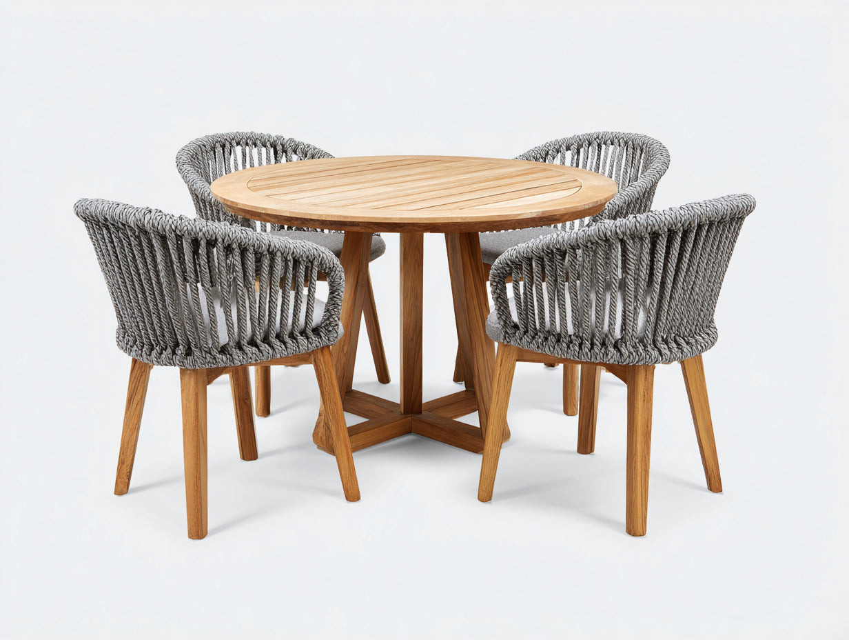 Conjuntos de comedor de jardín de madera y cuerda 120x120x76 cm - madera-gris - diseño redondo